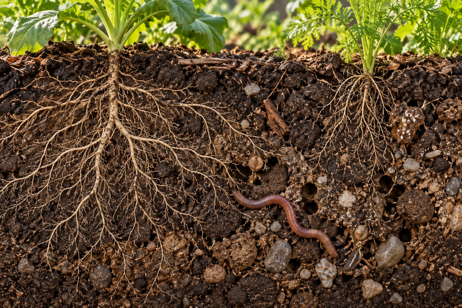 Plant roots and a worm visible in living soil beneath a garden bed