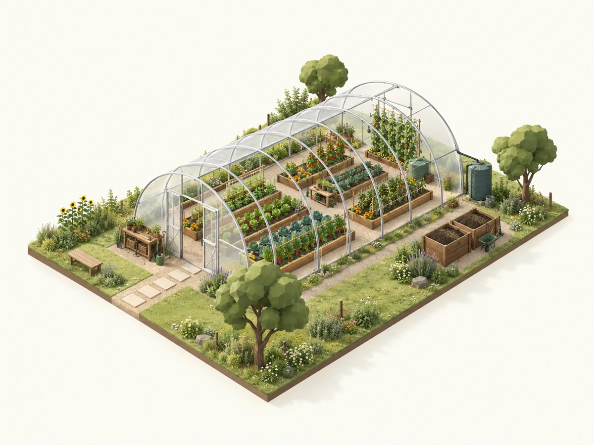 Editorial illustration of a small high tunnel and growing beds