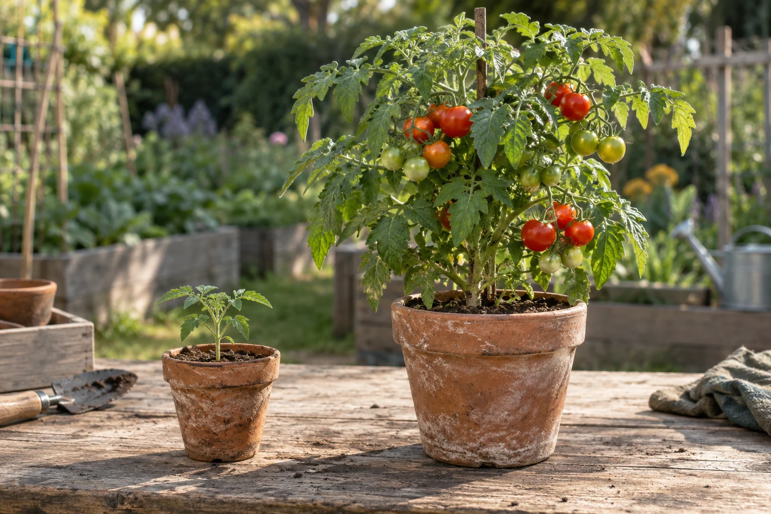 Illustrated tomato seedling beside a mature tomato plant.