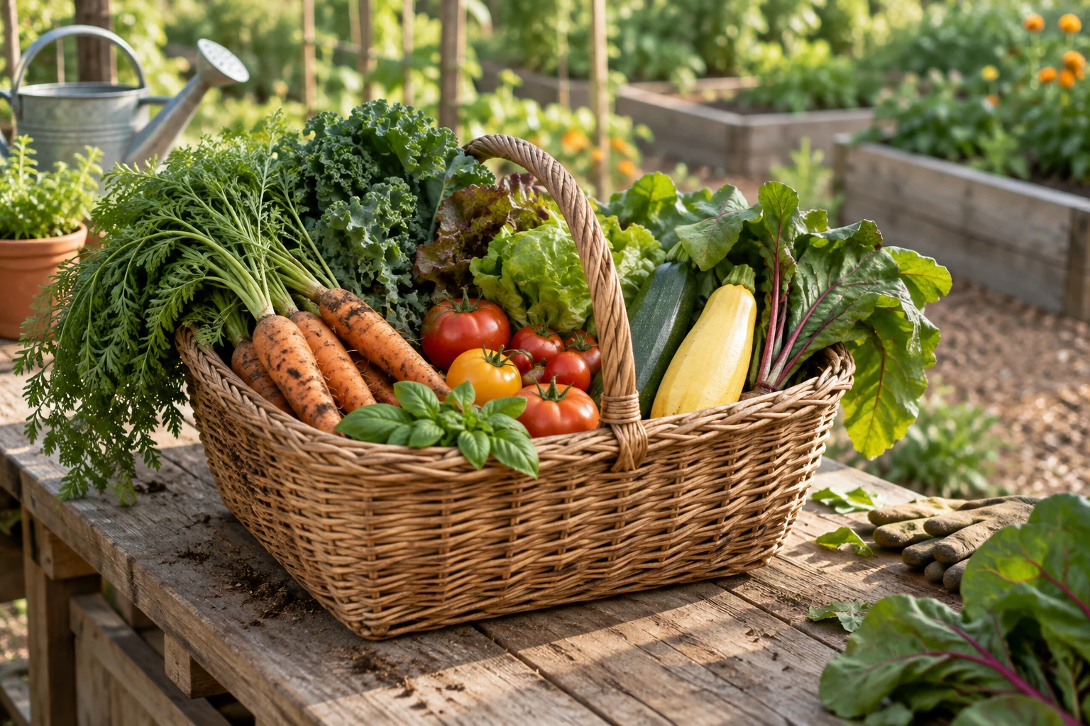 Harvested vegetables gathered in a basket on a table.