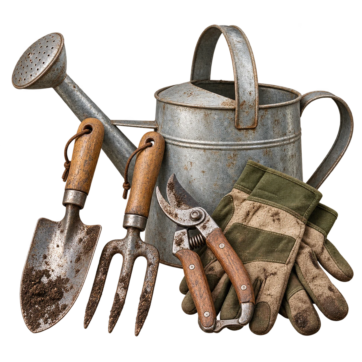 Metal watering can, hand trowel, hand fork, bypass pruners, and gardening gloves arranged together.