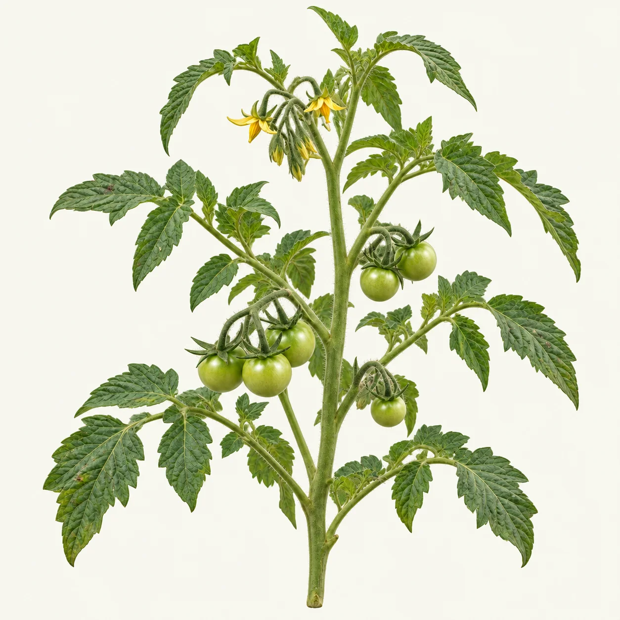 Tomato plant with flowers and developing green fruit.